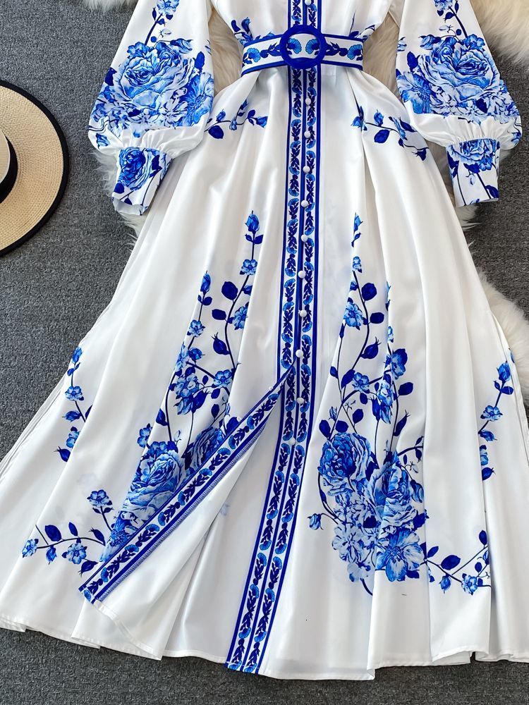 Basic Casual Dresses Fashion Blue And White Porcelain Flower Print Dres Clothing Long Lantern Sleeve Single Breasted Belt Vintage Vestidos 230824