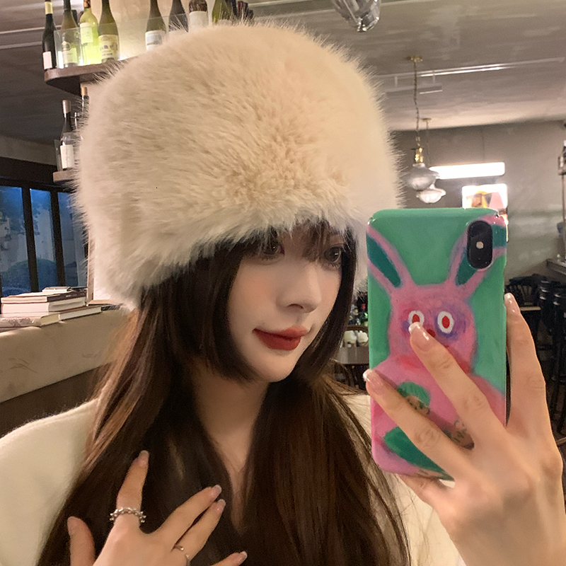 Wide Brim Hats Bucket Hats Winter Faux Fur Bucket Hat Women Elegant Russian Fur Fisherman Hat Korean Senior Fluffy Warm Panama Ladies Plush Basin Cap 