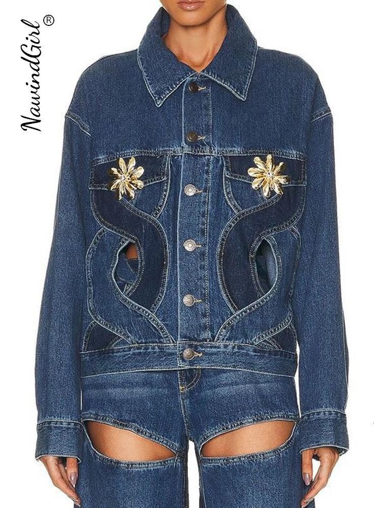 Women's Jackets Streetwear Hollow Out Denim Jacket for Women Casual Long Sleeve Criss Cross Lapel Coats Summer INS Fashion Y2K Vintage Tops 23082