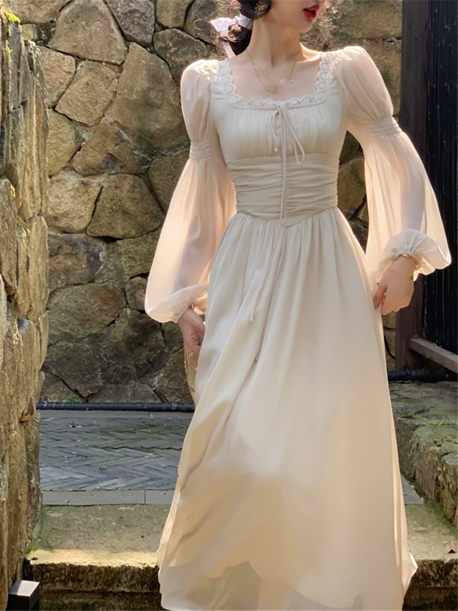 Basic Casual Dresses Elegant Midi Dress For Women Summer Vintage French Corset Ruched Bodycon Long Lantern Sleeve Evening Robe Female Slim Vestidos 23