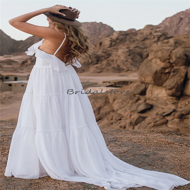 Rustic Boho Chiffon Wedding Dress Spaghetti Straps Backless Beach Bridal Gowns Floor Length Bohemian Outdoor Civil Korean Bride Robe De Mariee Vestios