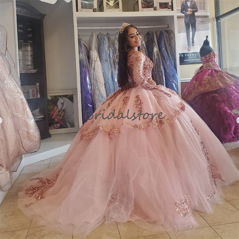 Princess Sequin Pink Quinceanera Dresses 2023 Sparkle Long Sleeve Luxe Ball Gown Bling Sweet 15 Dress Birthday Prom Party Gowns Vestidos Para Xv Anos 