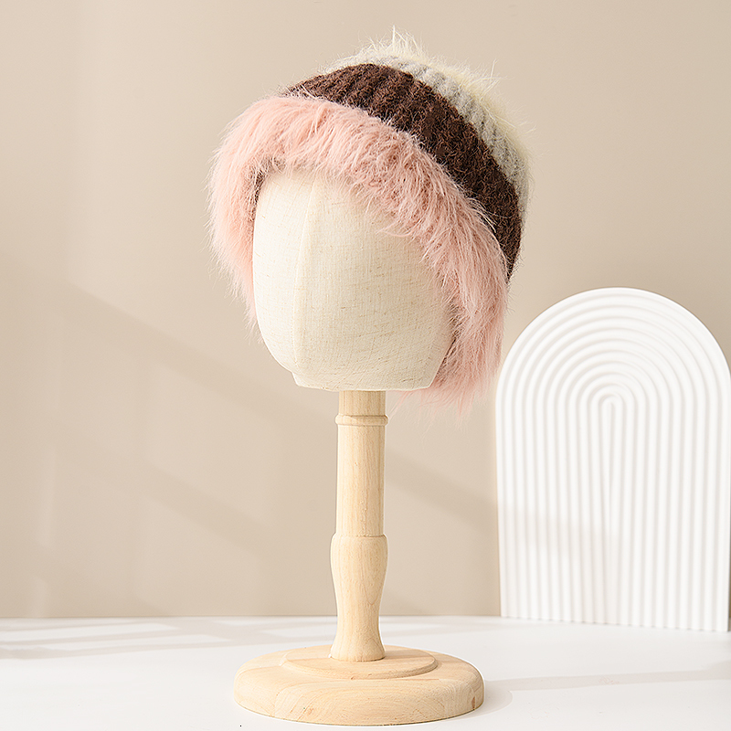 Wide Brim Hats Bucket Hats Japanese Retro Color Matching Plush Bucket Hat Autumn and Winter Warm Niche Fashion Show Face Small Versatile Knit Women 