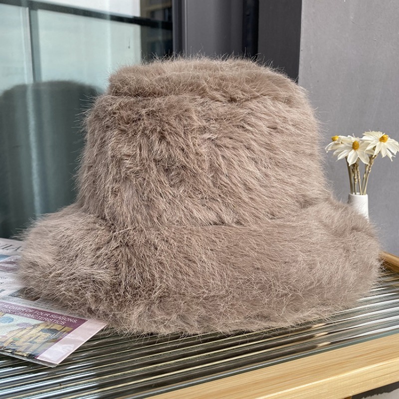 Wide Brim Hats Bucket Hats Faux Fur Bucket Hat Women Autumn Winter Outdoor Warm Thickened Soft Fisherman Hat Korean Version of Face Small Fashion Hat 