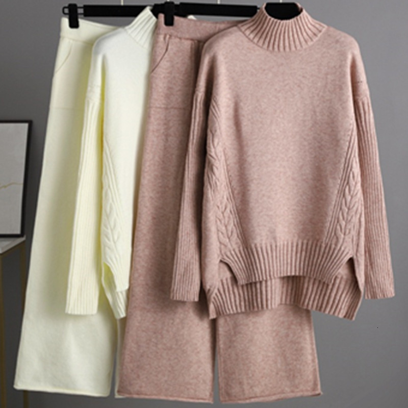 GIGOGOU Cashmere Womens Tracksuits Thick Oversized Women Turtleneck Sweater 2Two Piece Sets Drawstring Harem Pant Suits Outfits 210930