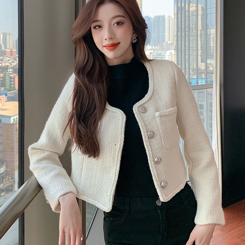 Women's Wool Blends Fashion Fall Winter Womens Long Sleeve Spliced Metal Button Pockets Short Jacket Tweed Casual Woven Lace Rose Red Coat 230824