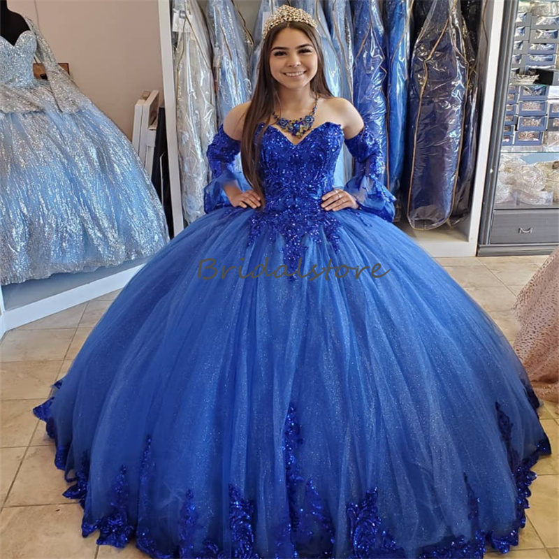Blue Princess Sequin Quinceanera Dresses 2023 Luxe Sweetheart Tulle Birthday Dress Sparkle Charro Vestidos Para Xv Anos Sweet 15 Vestidos 15 anos Prom