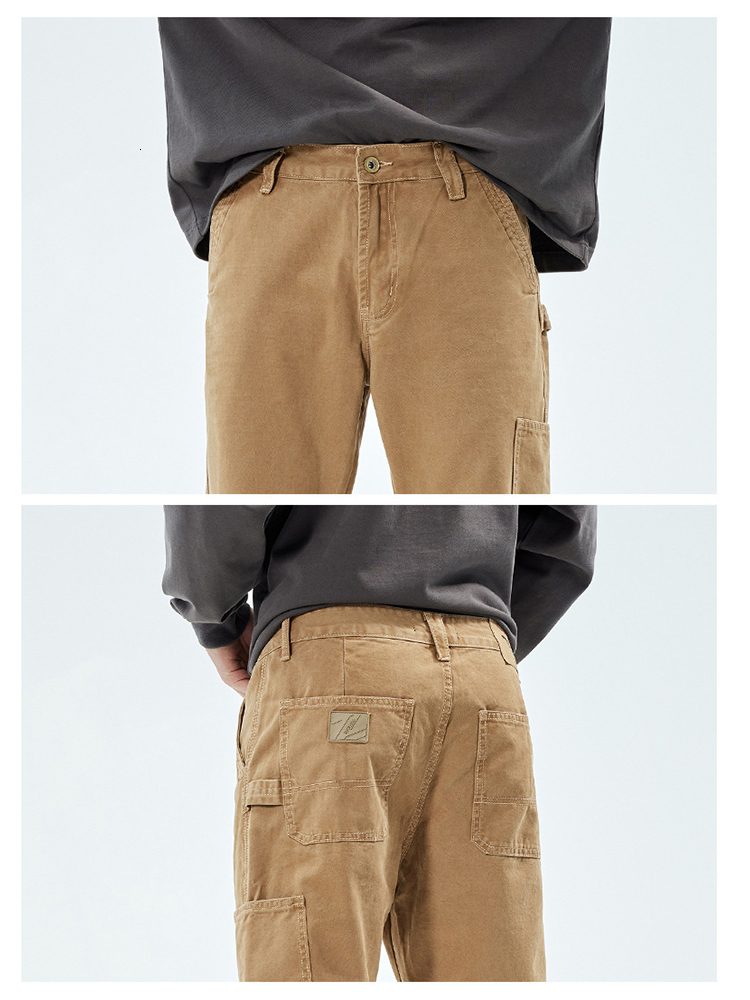 Men's Jeans YIHANKE Retro Worker Trousers Khaki Color Work Pants High Street Vibe Loose Straight Baggy 230824