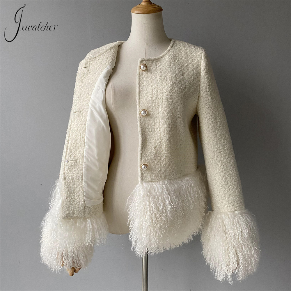 Women's Wool Blends Jxwatcher Women's Wool Coat with Real Mongolian Sheep Fur Autumn Winter Style Ladis Elegance Short Tweed Jacket Female 2