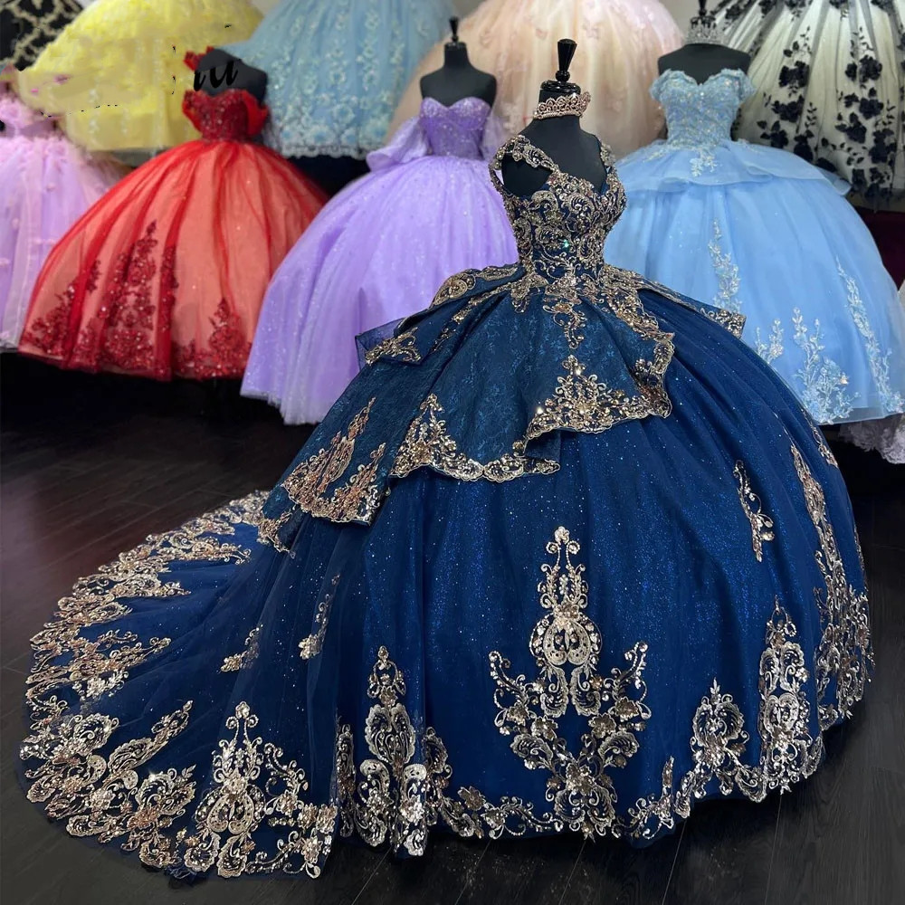 Royal Blue Quinceanera Dresses For Sweet 15 Year Sexy V Neck Puffy Ball Gown Lace Appliques Princess Gowns 0108I