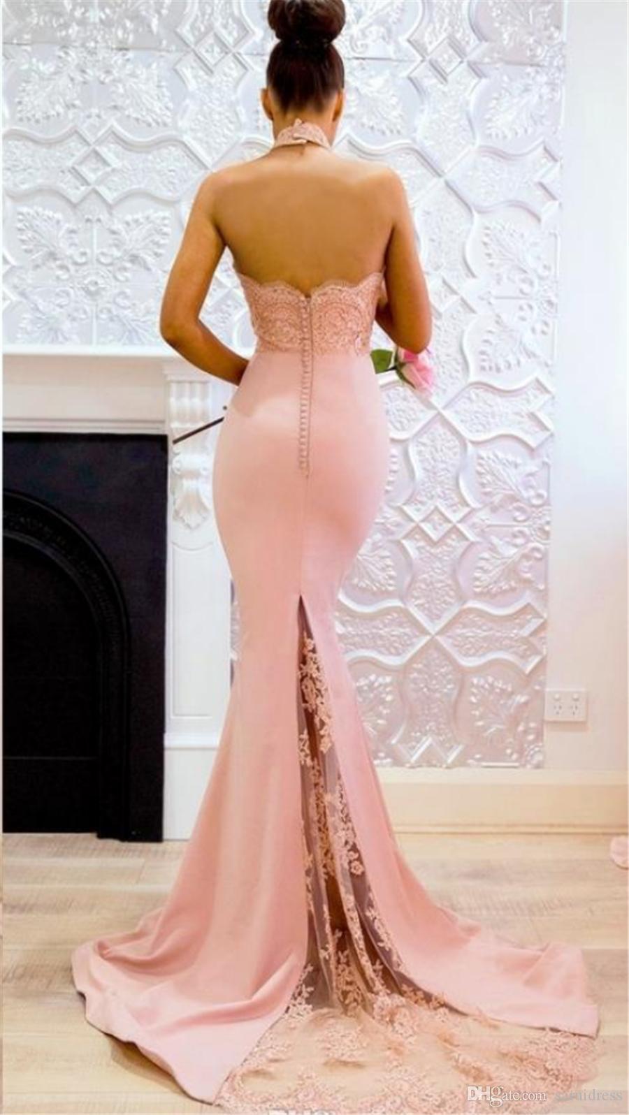 2023 Pink Long High Neck Mermaid Lace Evening Dresses Open Back Applique Sweep Train Maid Of honor Party Dress For Bridesmaid Dress