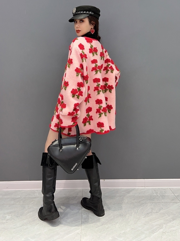 Women's Wool Blends QING MO Winter Fashion Trend Red Rose Plush Coat Women Streetwear Soft Warm Jacket Female ZXF097 230824