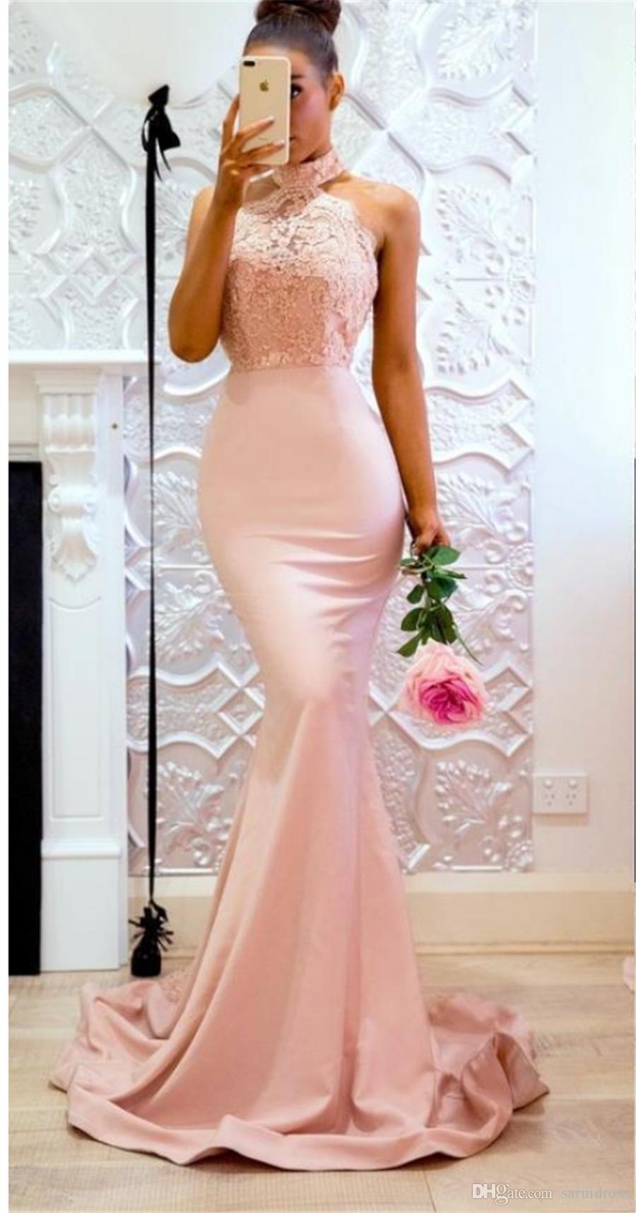 2023 Pink Long High Neck Mermaid Lace Evening Dresses Open Back Applique Sweep Train Maid Of honor Party Dress For Bridesmaid Dress