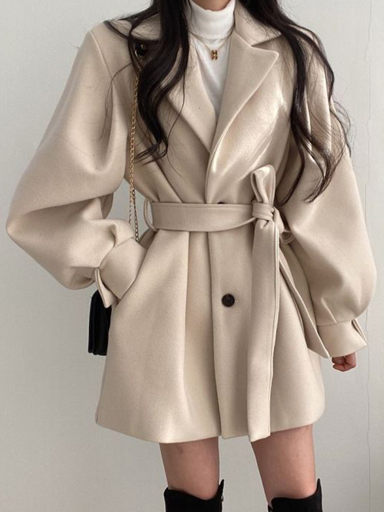 Womens Wool Blends Vintage Woolen Coat Women Autumn Winter Lantern Sleeve Lapel Female Korean Fashion Elegant Bandage Hepburn Style Overcoat 230824