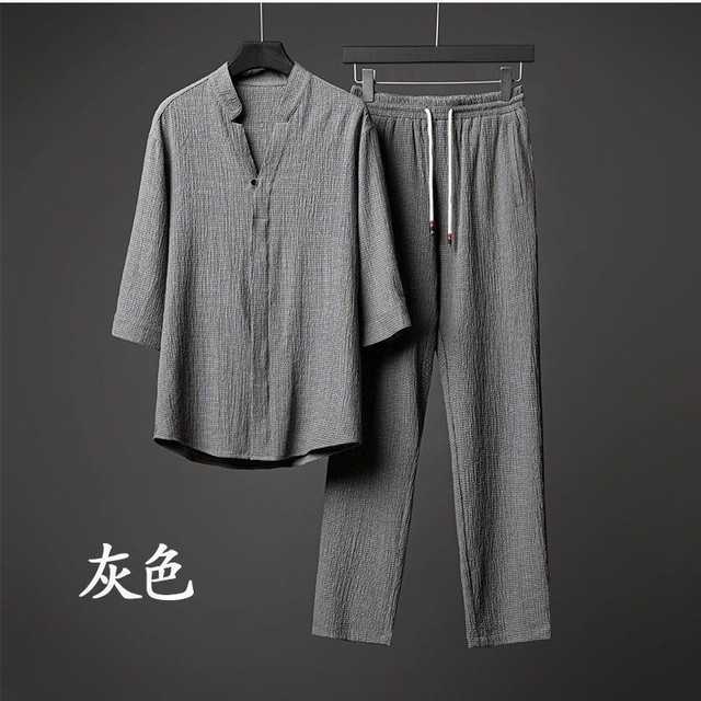 Mens Tracksuits 2PcsSet Summer Suit Long Sleeve Pleated Casual Tracksuit Men Sportswear Man Shirts Pants Set Male Clothing Two Piece 230824
