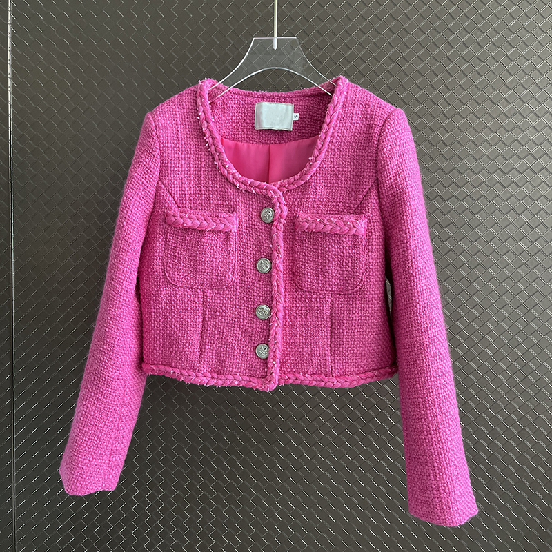 Women's Wool Blends Fashion Fall Winter Womens Long Sleeve Spliced Metal Button Pockets Short Jacket Tweed Casual Woven Lace Rose Red Coat 230824