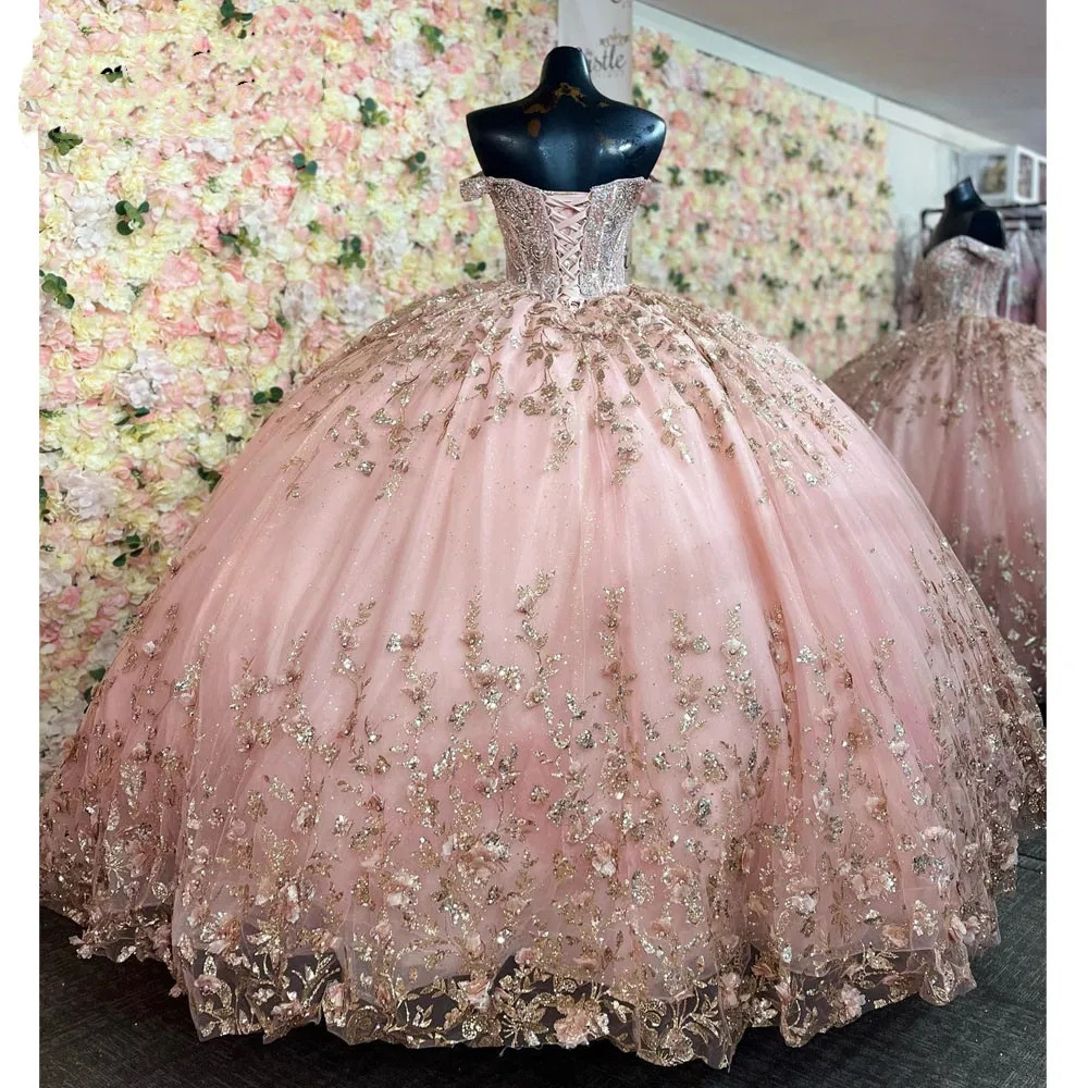 Princess Pink Quinceanera Dresses Birthday Party Robe Short Sleeve Beaded Sparkly Lace-up Corset Puffy Skirt vesridos de