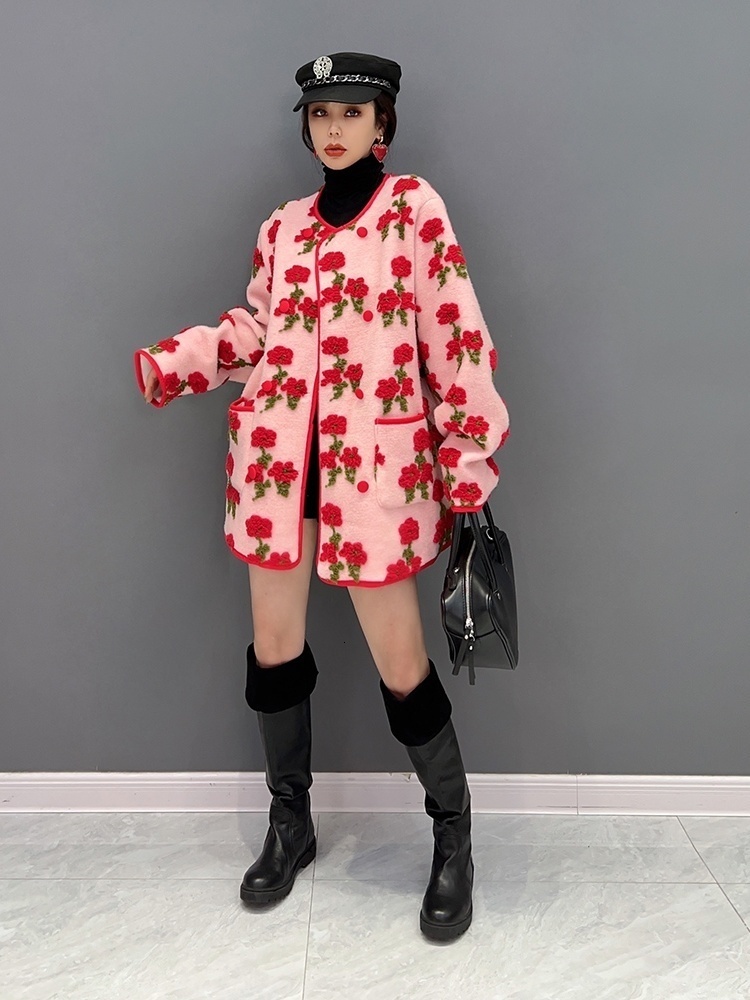 Women's Wool Blends QING MO Winter Fashion Trend Red Rose Plush Coat Women Streetwear Soft Warm Jacket Female ZXF097 230824