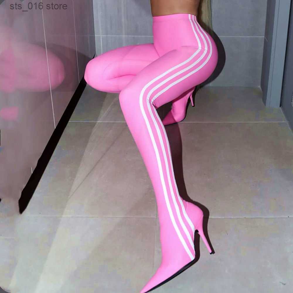 Boots 2023 Autumn/Winter Sexy High Heel One Piece Boots Pointed Elastic Stripe Women's Large Shoes Over Knee Boots T230824