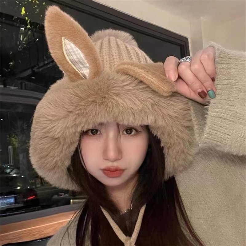 Wide Brim Hats Bucket Hats Korean Version Cute Rabbit Ear Winter Ear Protection Hat for Girls Sweet Princess Warm and Cold Resistant Plush Lei Feng Ha
