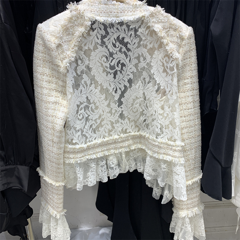 Women's Wool Blends Autumn Elegant Ladies tweed woven lace patchwork jacket for Women Slim Fit Short Cardigan Coat Y4268 230824