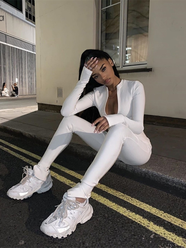 Womens Jumpsuits Rompers Sisterlinda White Elegant Long Sleeve Overalls Night Party Zipper Playsuits Slim Outifts Streetwear 230824