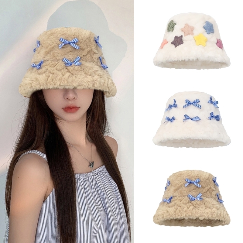 Wide Brim Hats Bucket Hats Thicken Plush Hat for Women Soft Beanie Hat Star/Bowknot Winter Hat Female Girls Windproof Cap Powear Fisherman Cap 230824