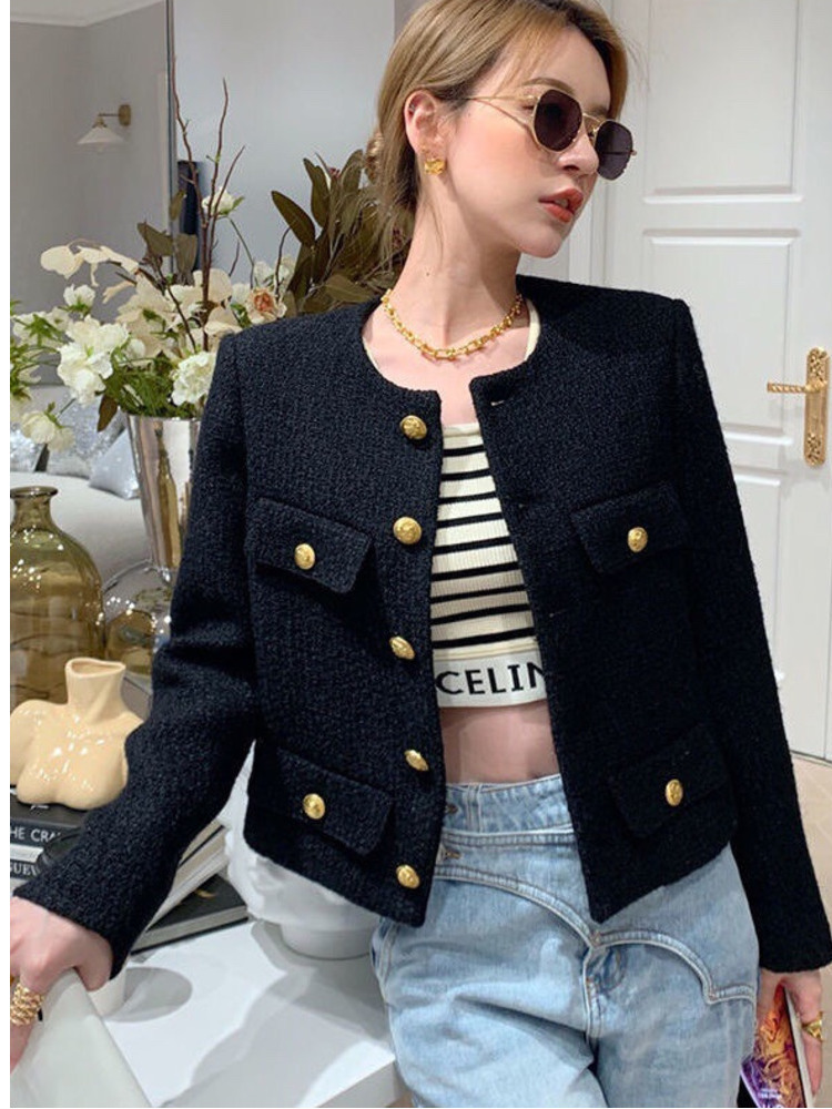 Women's Jackets XFPV Autumn And Autumn Fashion Black Wind Tweed Short Coat Female Temperament Versatile Woolen Top SM2115 230824