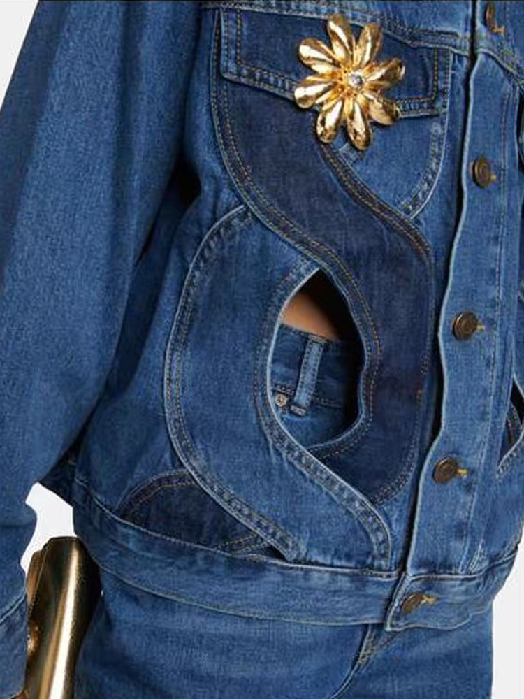 Women's Jackets Streetwear Hollow Out Denim Jacket for Women Casual Long Sleeve Criss Cross Lapel Coats Summer INS Fashion Y2K Vintage Tops 23082