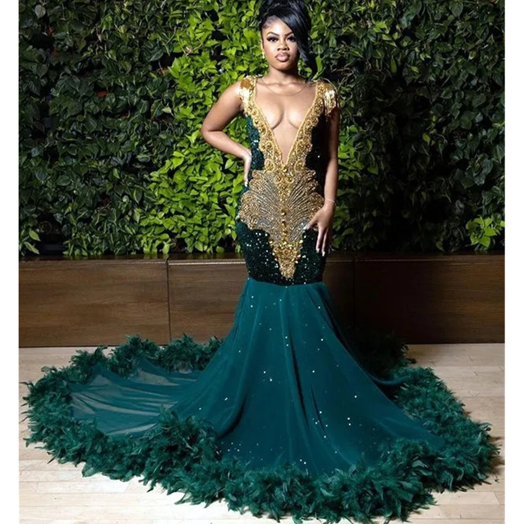 Teal African Mermaid Prom Dresses Sheer Beaded Crystals Feather Black Girls Nigeria Robe De Soiree Evening Dresses Gown