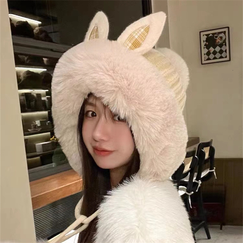 Wide Brim Hats Bucket Hats Korean Version Cute Rabbit Ear Winter Ear Protection Hat for Girls Sweet Princess Warm and Cold Resistant Plush Lei Feng Ha