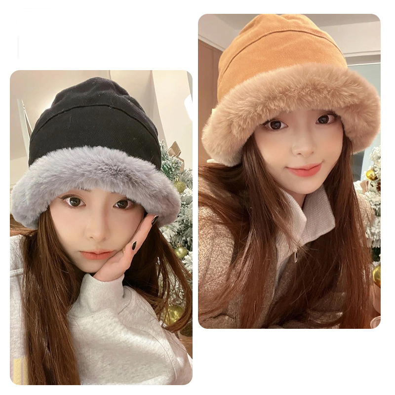 Wide Brim Hats Bucket Hats Fluffy Bucket Hat Winter Warm Cold Protection Fisherman Cap High Quality Plush Thicken Basin Hat Fashion Trend Ladies Panam