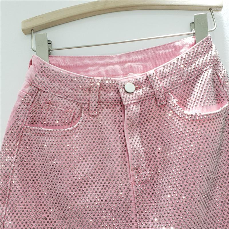 Skirts Luxury Women Summer Diamond Denim Skirt High Waist Wrapped Hip Drilling Short Jeans Gothic A-line Rhinestones Faldas