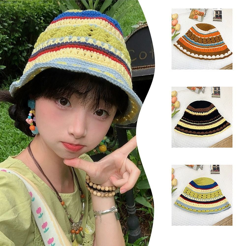 Wide Brim Hats Bucket Hats Short Brim Knitted Bucket Hat Casual Spell Colour Round Top Hand-knitted Hat Acrylic Striped Fisherman Hat Women Girls 2308