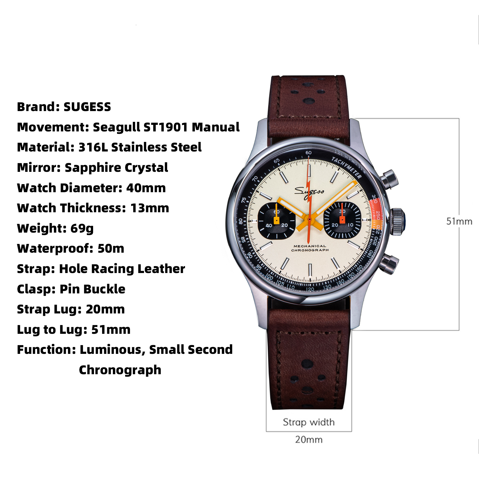Wristwatches Sugess Watch 1963 Chronograph Mechanical Wristwatches Seagull ST19 Swanneck Movement Pilot Mens Watch Sapphire Crystal Gift V2 230824