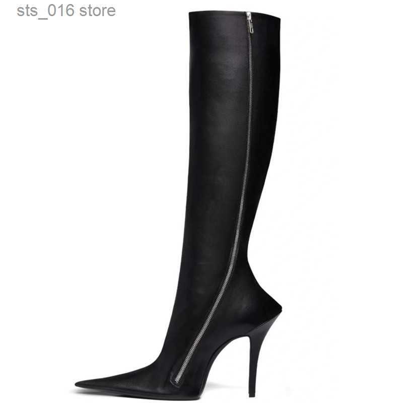 Boots 2023 New Designer Pointed Women's Stiletto Heels Knee Length Boots 44 Large Leather Women's Boots with Fashionable Side Zippers T230824
