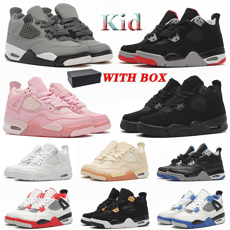 Kids Shoes 4s Jumpman 4 Baskteball kid Shoe Platform Bred Black Cat Fire Red Thunder University Pink Military Blue Trainers children boys girls Sport Sneakers