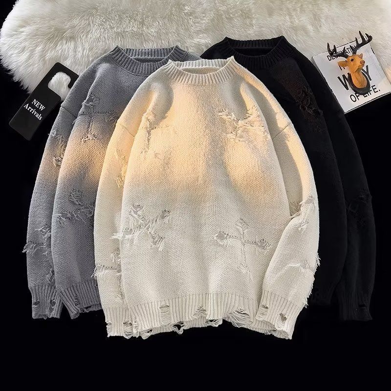 Men's Sweaters Autumnand y2k Street Clothes Streetwear Men Retro Hole Tassel Sweater Loose Joker Sweater Men And Women Long Sleeve 230824