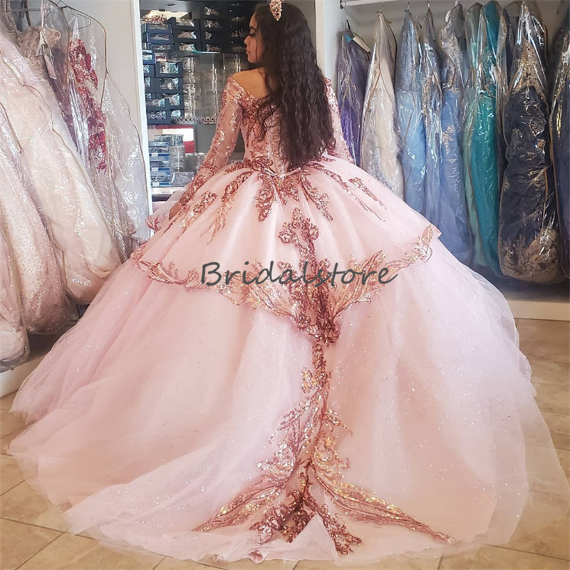 Princess Sequin Pink Quinceanera Dresses 2023 Sparkle Long Sleeve Luxe Ball Gown Bling Sweet 15 Dress Birthday Prom Party Gowns Vestidos Para Xv Anos 