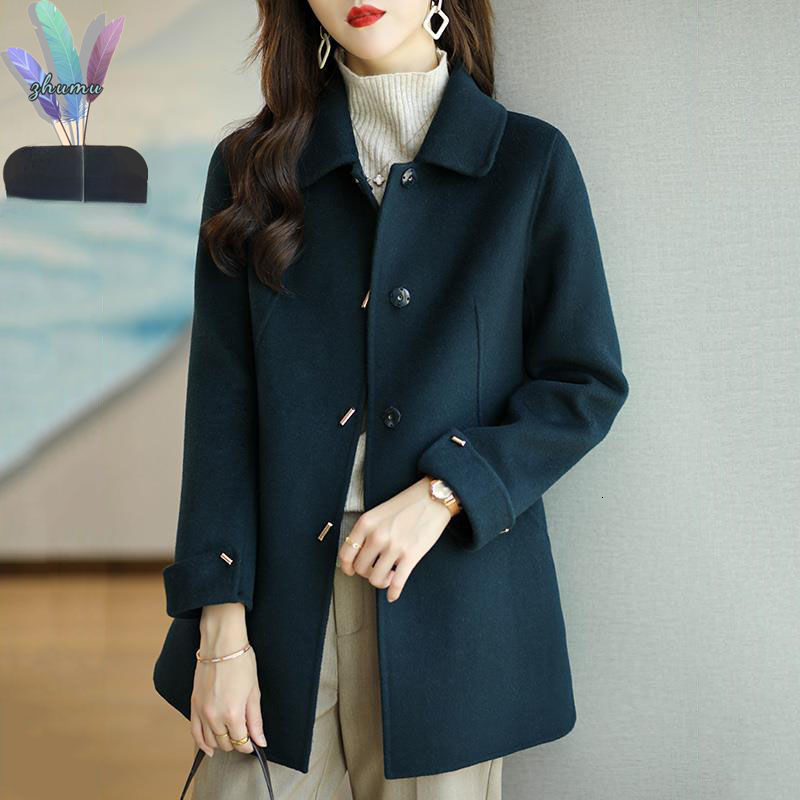 Womens Wool Blends Woolen Coat Slim Fashion Office Lady Square Collar Single Breasted Winter Coats for Women Widewaisted Pocket Black 230824