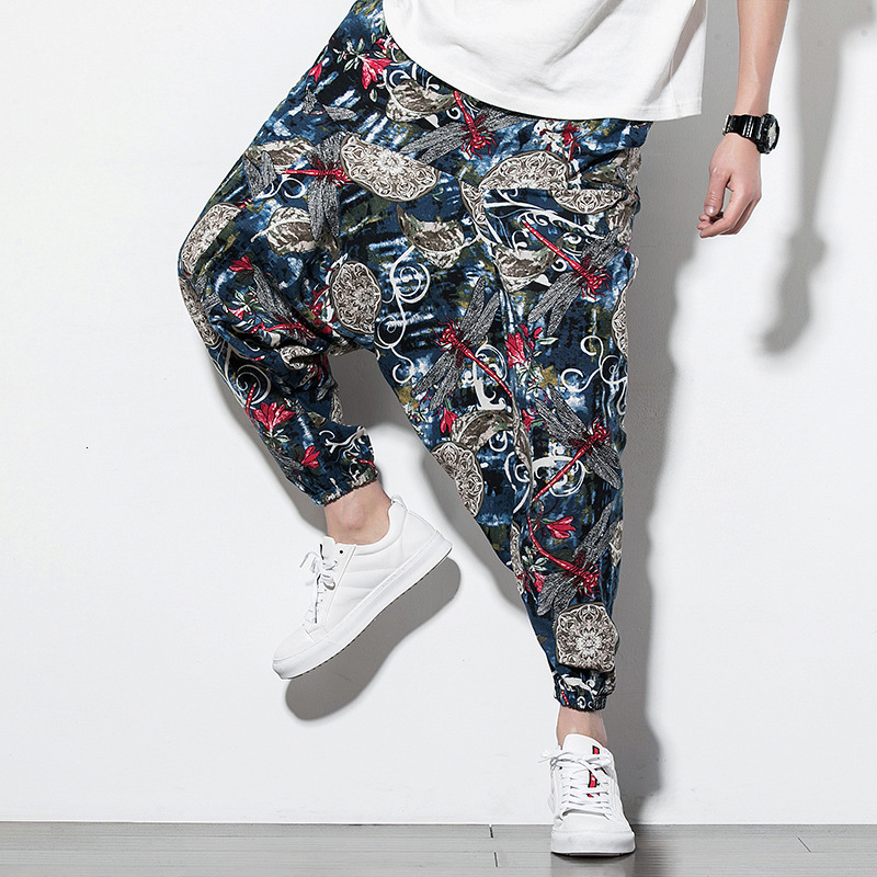 Men's Pants Cotton Linen Harem Men Elastic Waist Streetwear Floral Joggers 2023 Baggy Dropcrotch Casual Trousers 230824