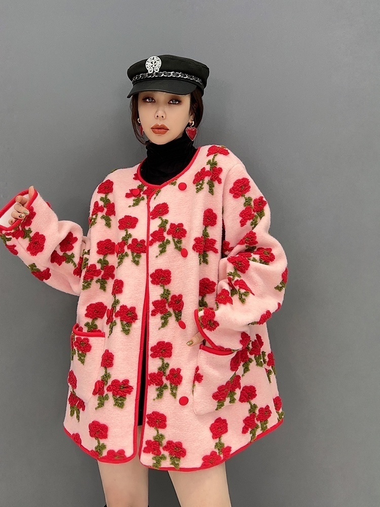 Women's Wool Blends QING MO Winter Fashion Trend Red Rose Plush Coat Women Streetwear Soft Warm Jacket Female ZXF097 230824