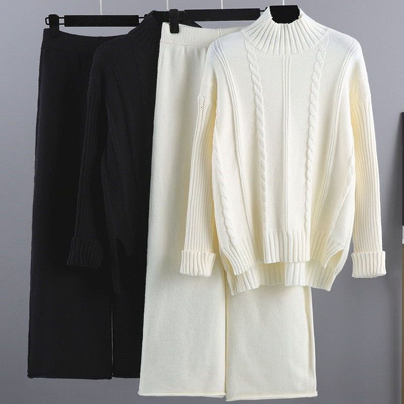 GIGOGOU Cashmere Womens Tracksuits Thick Oversized Women Turtleneck Sweater 2Two Piece Sets Drawstring Harem Pant Suits Outfits 210930