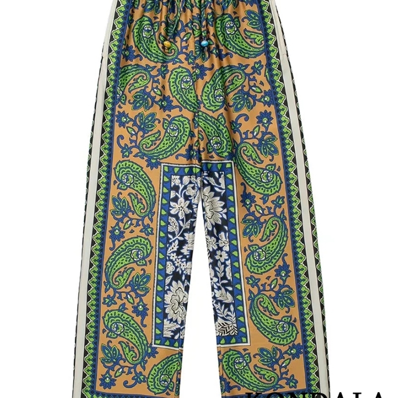 Women's Suits Blazers KONDALA Vintage Green Floral Women Suits Long Sleeve Single Button Loose Shirt and High Wasit Wide Leg Pants Boho Sets 2308