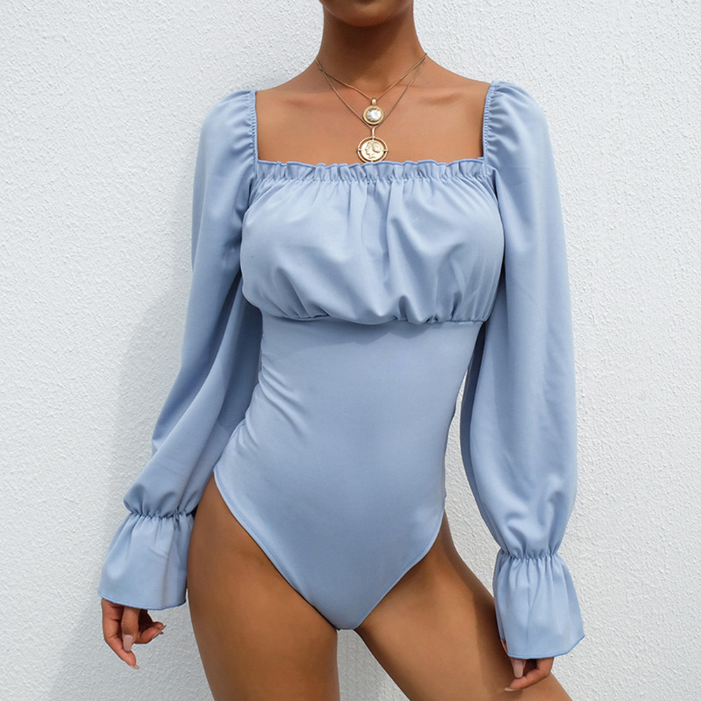 Womens Jumpsuits Rompers Sexy Women Long Flare Sleeve Bodysuit Lace Up Bandage Backless Square Collar Bodysuits Jumpsuit Open Crotch Body Slim Harajuk