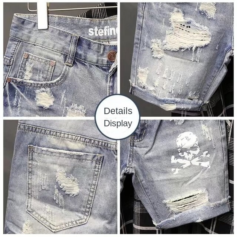 Men's Jeans Summer Ripped Hole Beggar Short Pants Men's Personality Skeleton Skull Printed Korean Slim Fitting Cowboy Denim Shorts 230824