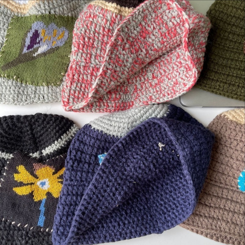 Wide Brim Hats Bucket Hats Ins Vintage Hand-woven Patchwork Warm Beanies Women Autumn Winter Korean Color Matching Y2k Flowers Knitted Bucket Hat 2308