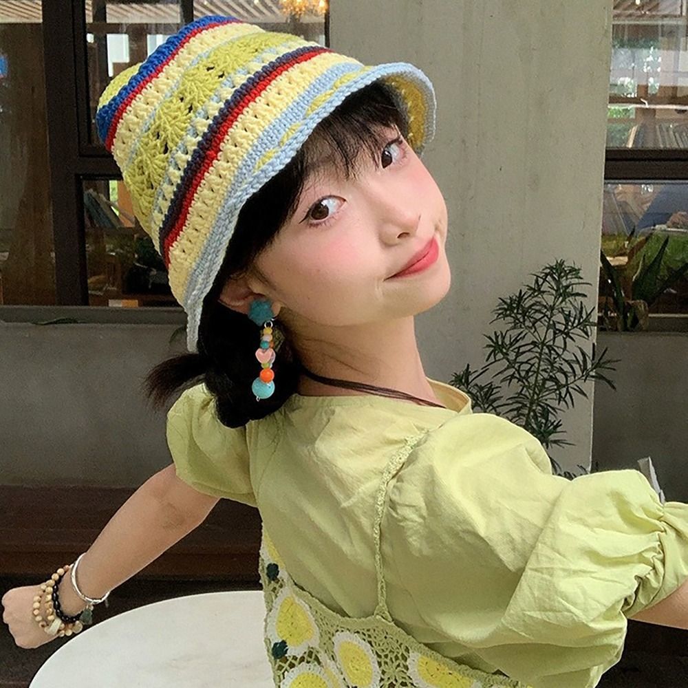 Wide Brim Hats Bucket Hats Short Brim Knitted Bucket Hat Casual Spell Colour Round Top Hand-knitted Hat Acrylic Striped Fisherman Hat Women Girls 2308