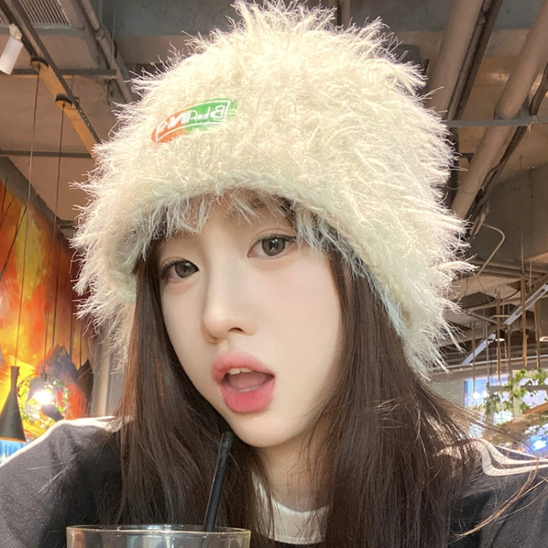 Wide Brim Hats Bucket Hats Korean Atmosphere Plush Bucket Hat Women Autumn and Winter Warm Ear Protection Versatile Show Face Rabbit Hair Knitted Basi