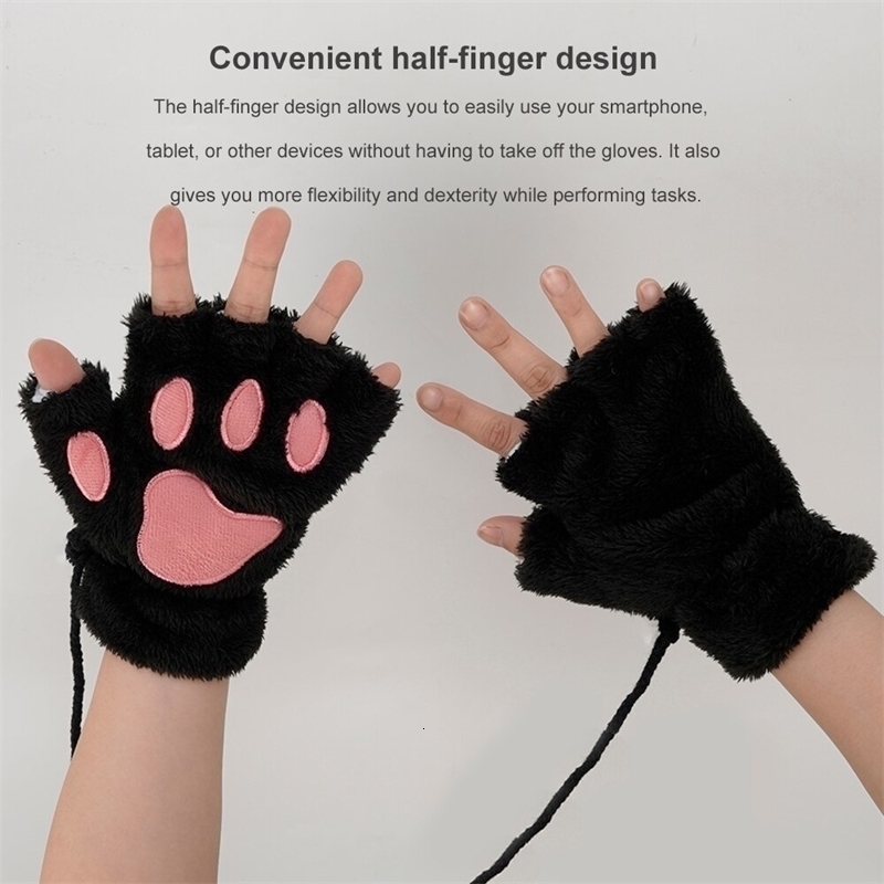 Five Fingers Gloves 1Pcs Cat Paw Winter Cute Cartoon Girl Open Finger Thickened Fluffy Bear Half 230824